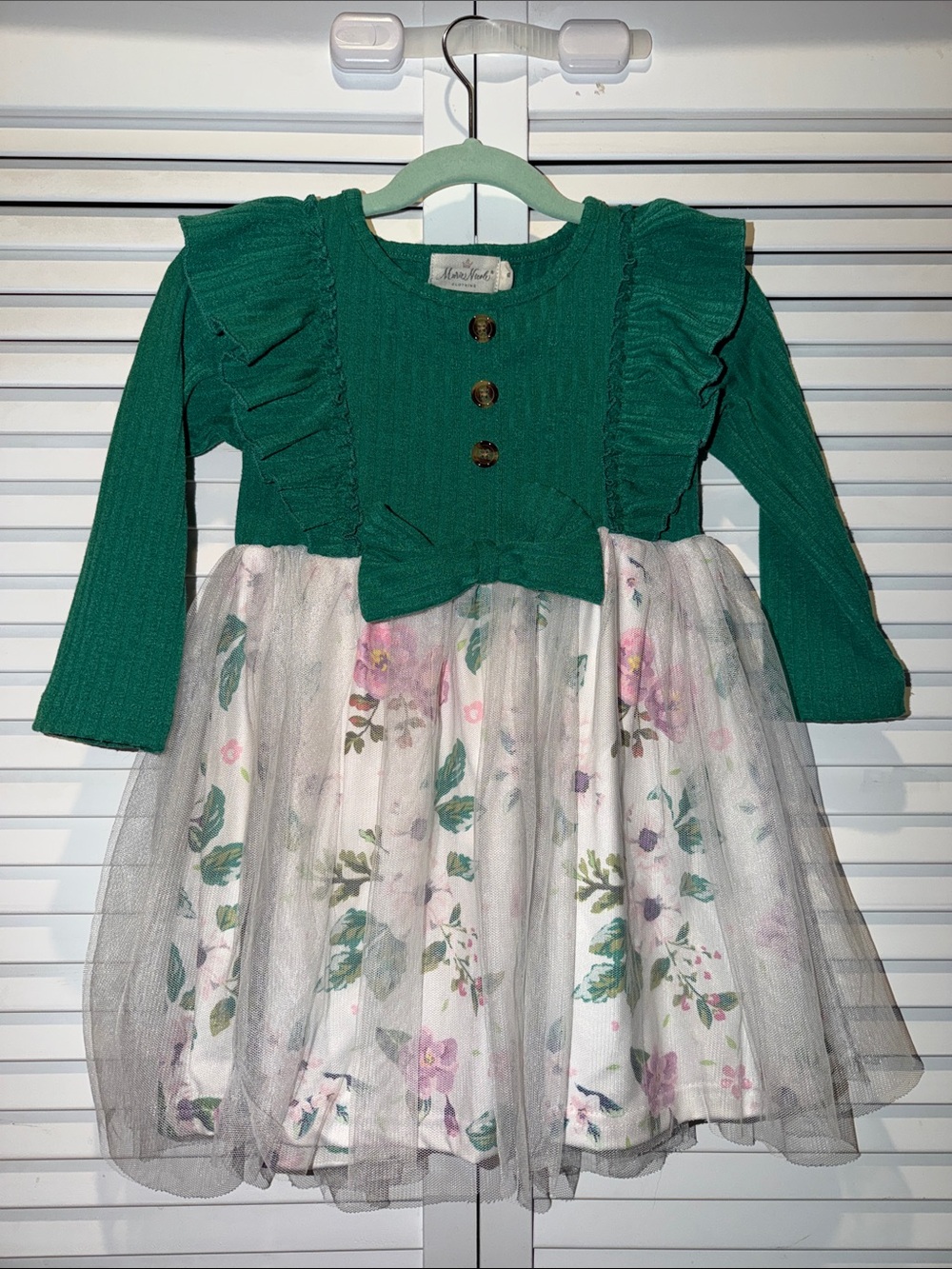Marie Nicole Green Floral Bow Tulle Kids Dress by
